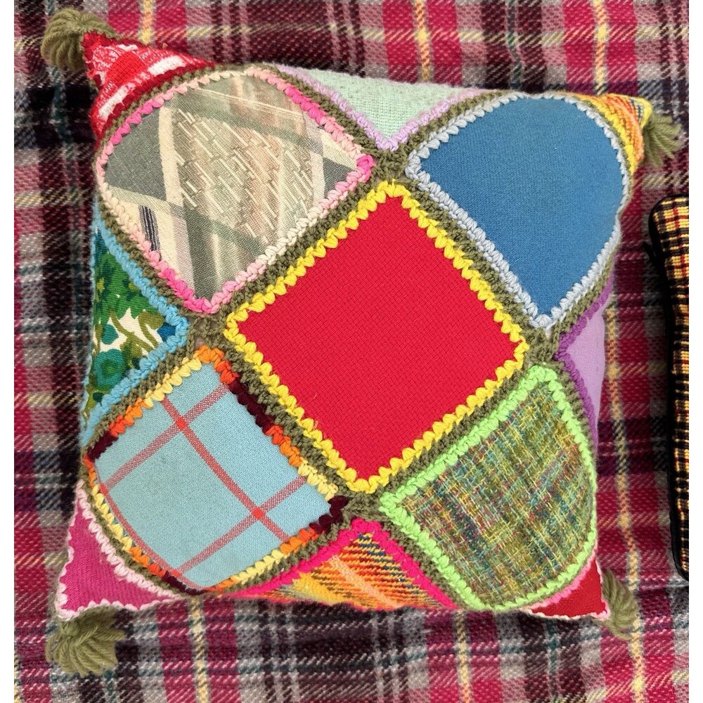 Vtg Multicolor  Quilt Block Wool Blend Needlepoint Throw Pillow 15” Square